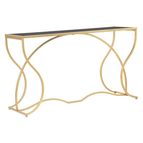 Console Élégante Dorée Avec Étagère Miroir Noire, Design Sinueux 130x40x75 Cm
