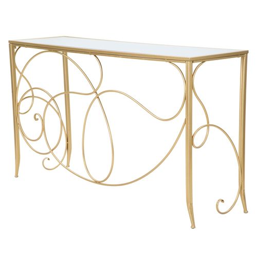 Console Rectangulaire Dorée Avec Plateau Miroir, Lignes Douces Et Sinueuses 140x40x80 Cm