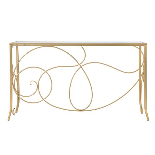 Console Rectangulaire Dorée Avec Plateau Miroir, Lignes Douces Et Sinueuses 140x40x80 Cm