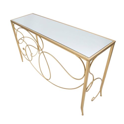 Console Rectangulaire Dorée Avec Plateau Miroir, Lignes Douces Et Sinueuses 140x40x80 Cm