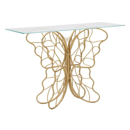 Console Dorée Originale Avec Papillon Sculpté Et Plateau Verre 110x40x76 Cm