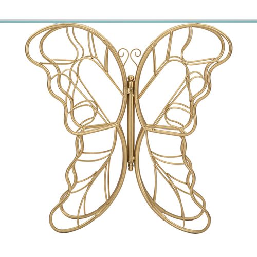 Console Dorée Originale Avec Papillon Sculpté Et Plateau Verre 110x40x76 Cm