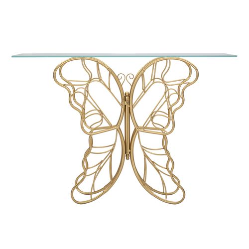 Console Dorée Originale Avec Papillon Sculpté Et Plateau Verre 110x40x76 Cm