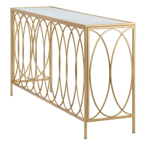 Console Rectangulaire Dorée Avec Plateau Miroir Marbre, Design Simple 160x40x79 Cm