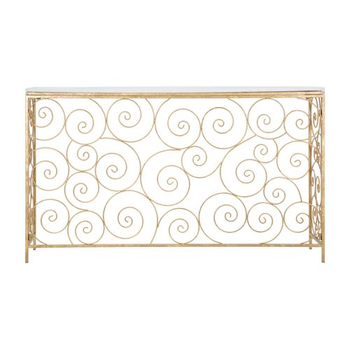 Console Dorée Avec Plateau Marbre Blanc Et Décor Géométrique 140x36x82 Cm