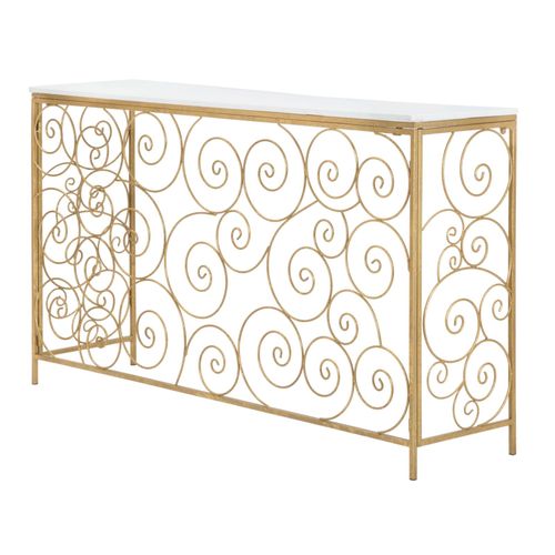 Console Dorée Avec Plateau Marbre Blanc Et Décor Géométrique 140x36x82 Cm