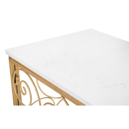 Console Dorée Avec Plateau Marbre Blanc Et Décor Géométrique 140x36x82 Cm