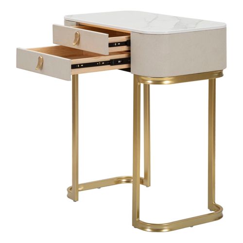 Console 2 Tiroirs En Tissu Crème Avec Plateau Effet Marbre 70x40x80 Cm