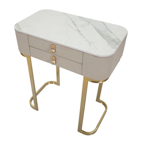 Console 2 Tiroirs En Tissu Crème Avec Plateau Effet Marbre 70x40x80 Cm