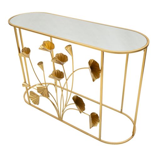 Console Dorée En Métal Avec Décor Floral Et Plateau Miroir 120x40x80 Cm