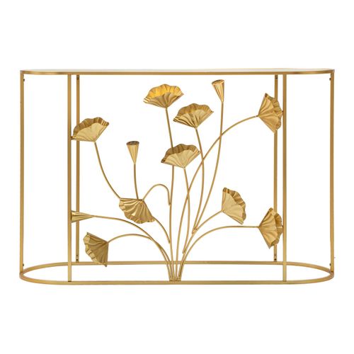 Console Dorée En Métal Avec Décor Floral Et Plateau Miroir 120x40x80 Cm