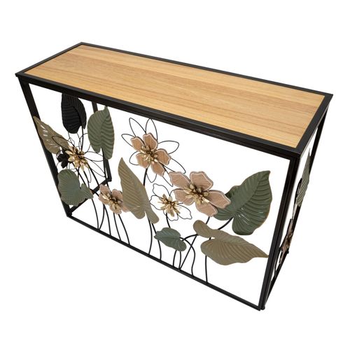 Console Noire En Métal Avec Plateau Bois Et Décor Floral 108x36,8x80 Cm