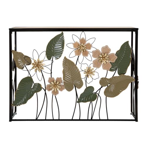 Console Noire En Métal Avec Plateau Bois Et Décor Floral 108x36,8x80 Cm