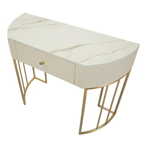 Console Murale Élégante En Simili Cuir Blanc Avec Tiroir Et Pieds Dorés 100x40x75 Cm