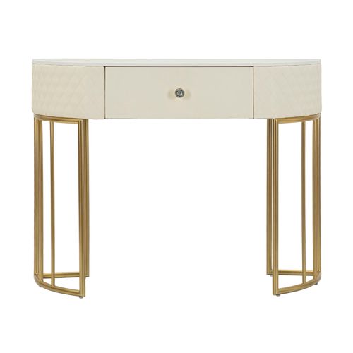 Console Murale Élégante En Simili Cuir Blanc Avec Tiroir Et Pieds Dorés 100x40x75 Cm