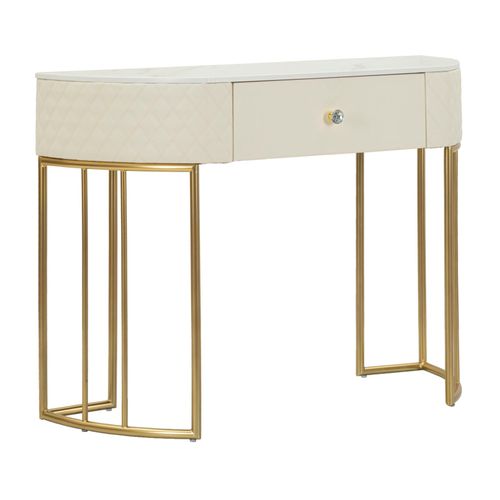 Console Murale Élégante En Simili Cuir Blanc Avec Tiroir Et Pieds Dorés 100x40x75 Cm
