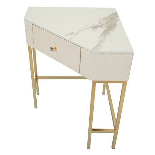 Console D'angle Sharon En Cuir Matelassé Blanc Et Pieds Dorés 84,5x60x77 Cm