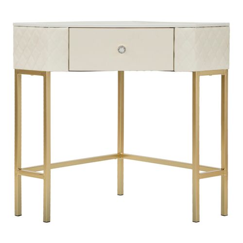 Console D'angle Sharon En Cuir Matelassé Blanc Et Pieds Dorés 84,5x60x77 Cm