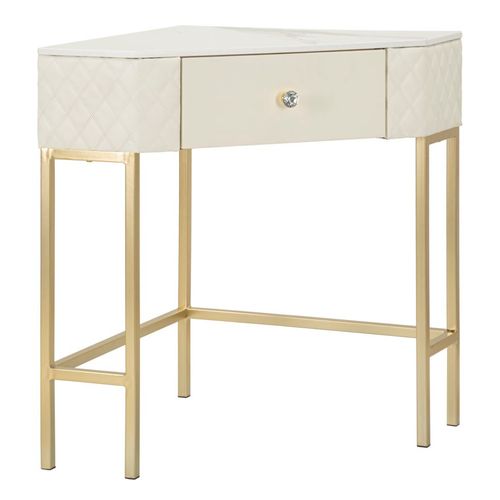 Console D'angle Sharon En Cuir Matelassé Blanc Et Pieds Dorés 84,5x60x77 Cm