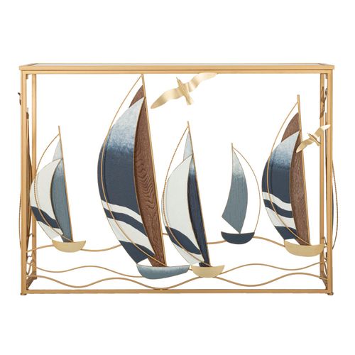 Console Nautique En Métal Doré Et Miroir 108x37 Cm, Style Marin Élégant