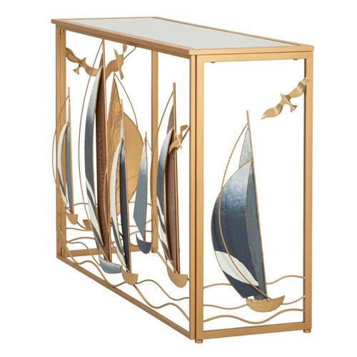 Console Nautique En Métal Doré Et Miroir 108x37 Cm, Style Marin Élégant