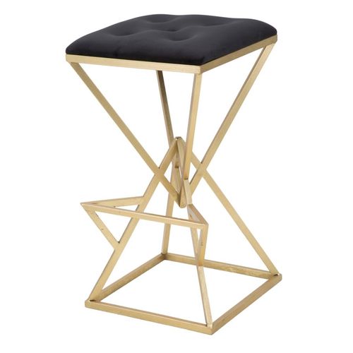Tabouret De Bar 40x40x75 Cm Métal Doré Et Tissu Style Art Déco Luxe