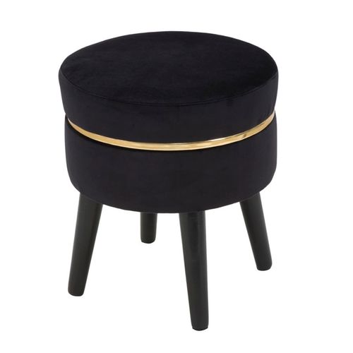 Tabouret Rond 35x40,5 Cm Velours Noir Et Bande Dorée Style Rétro Glamour