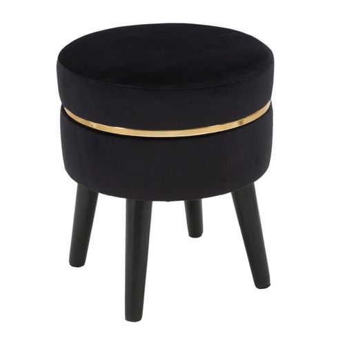 Tabouret Rond 35x40,5 Cm Velours Noir Et Bande Dorée Style Rétro Glamour