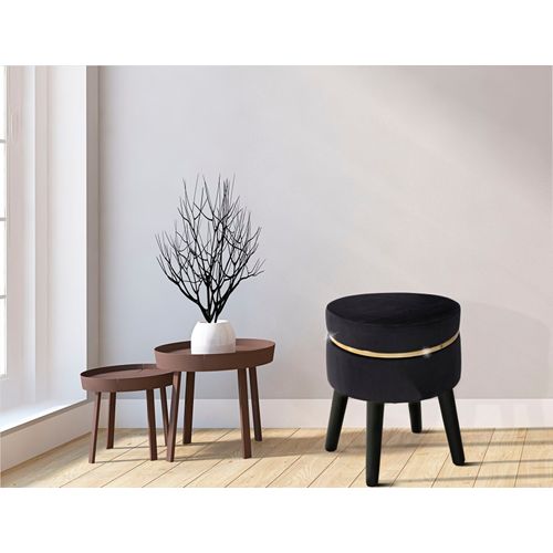 Tabouret Rond 35x40,5 Cm Velours Noir Et Bande Dorée Style Rétro Glamour