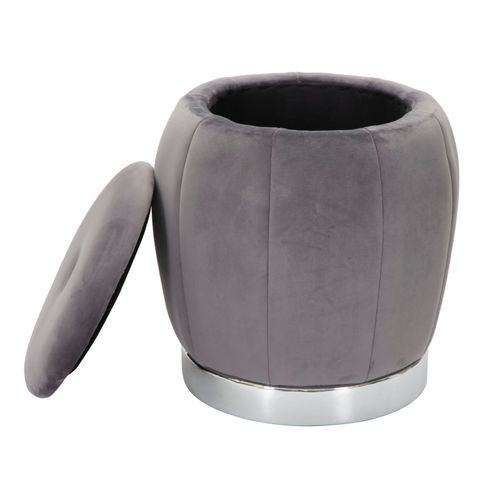 Pouf De Rangement Ø 43 Cm Velours Gris Style Hollywood Glamour