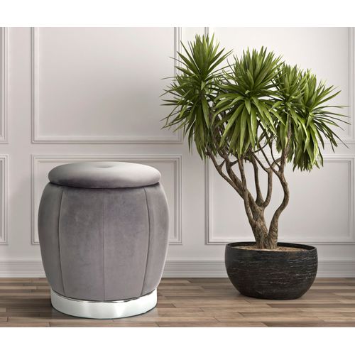 Pouf De Rangement Ø 43 Cm Velours Gris Style Hollywood Glamour