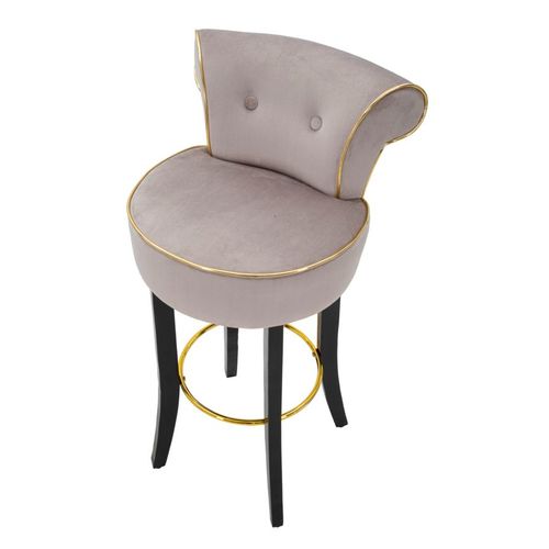 Tabouret De Bar Rond Gris 46x48x96 Cm Velours Synthétique Avec Dossier Et Repose-pieds Doré