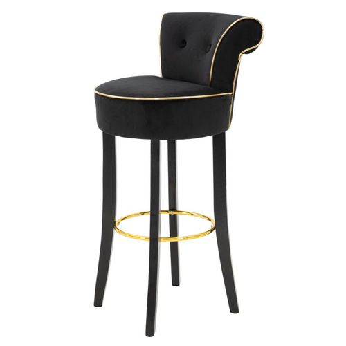 Tabouret De Bar Rond Noir 46x48x96 Cm Velours Synthétique Avec Dossier Et Repose-pieds Doré