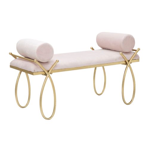 Banc 112,5x49 Cm Velours Rose Et Métal Doré Style Années 20