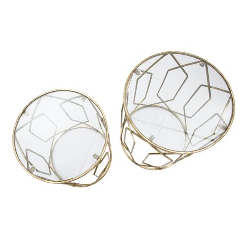 Lot De 2 Petites Table D'appoint Rondes Dorées En Métal Et Verre Ø42x53 Cm Et Ø38x47 Cm
