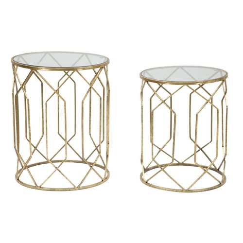 Lot De 2 Petites Table D'appoint Rondes Dorées En Métal Et Verre Ø42x53 Cm Et Ø38x47 Cm
