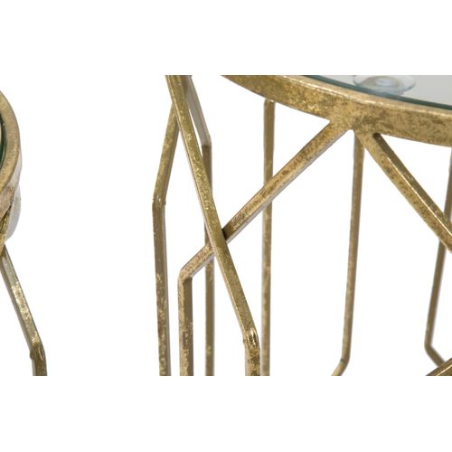 Lot De 2 Petites Table D'appoint Rondes Dorées En Métal Et Verre Ø42x53 Cm Et Ø38x47 Cm