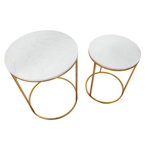 Lot De 2 Table D'appoint Rondes Dorées Avec Plateau Effet Marbre Blanc Ø52-42 Cm