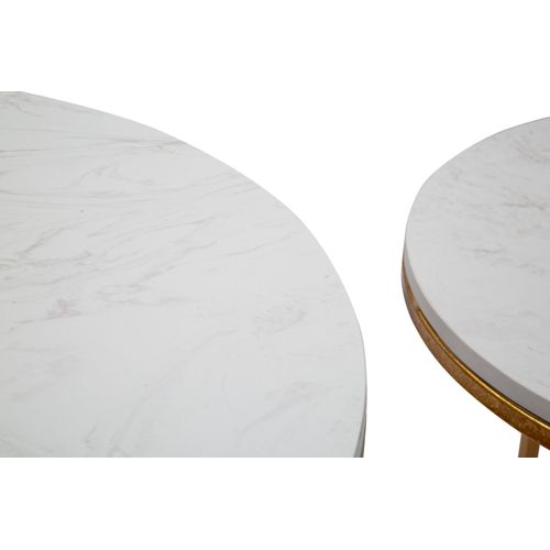 Lot De 2 Table D'appoint Rondes Dorées Avec Plateau Effet Marbre Blanc Ø52-42 Cm