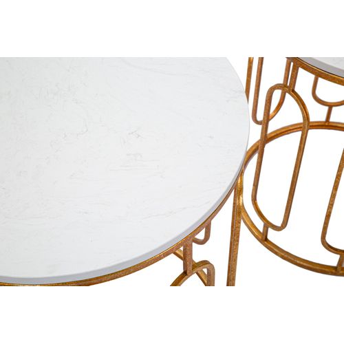 Lot De 2 Table D'appoint Rondes Dorées Avec Plateau Marbre Blanc Ø46-39 Cm