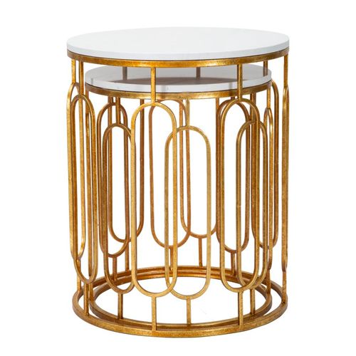 Lot De 2 Table D'appoint Rondes Dorées Avec Plateau Marbre Blanc Ø46-39 Cm