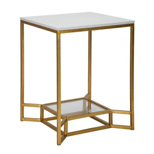Table Basse Carrée Dorée Avec Marbre Blanc Et Étagère En Verre 47x47x60 Cm