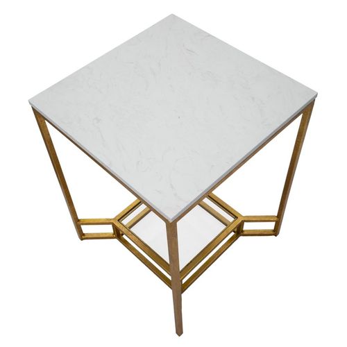 Table Basse Carrée Dorée Avec Marbre Blanc Et Étagère En Verre 47x47x60 Cm