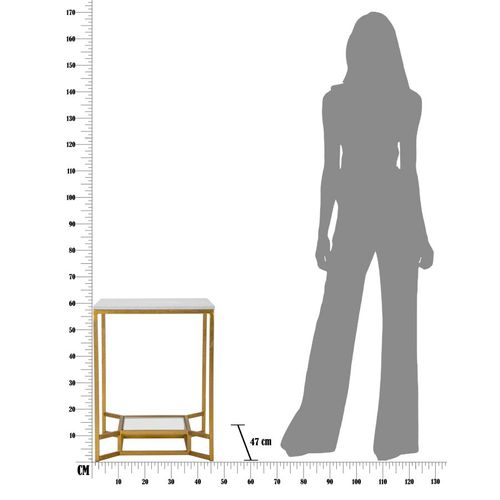 Table Basse Carrée Dorée Avec Marbre Blanc Et Étagère En Verre 47x47x60 Cm