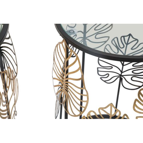 Ensemble De 2 Petites Table D'appoint Rondes Noir Et Or En Métal Avec Décor Feuilles 38x55-33x50 Cm
