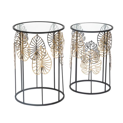 Ensemble De 2 Petites Table D'appoint Rondes Noir Et Or En Métal Avec Décor Feuilles 38x55-33x50 Cm