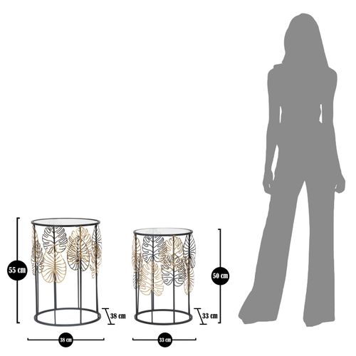 Ensemble De 2 Petites Table D'appoint Rondes Noir Et Or En Métal Avec Décor Feuilles 38x55-33x50 Cm