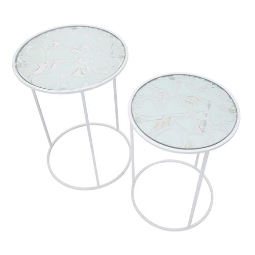 Lot De 2 Petites Table D'appoint Rondes Blanches En Métal Avec Plateau En Verre 43x60-38x55 Cm