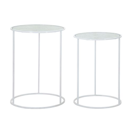 Lot De 2 Petites Table D'appoint Rondes Blanches En Métal Avec Plateau En Verre 43x60-38x55 Cm