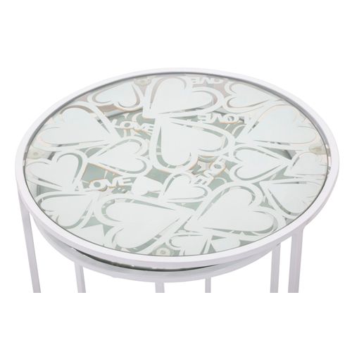Lot De 2 Petites Table D'appoint Rondes Blanches En Métal Avec Plateau En Verre 43x60-38x55 Cm